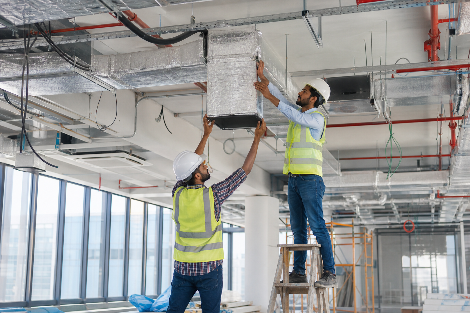 Indian HVAC technicians installing ducting